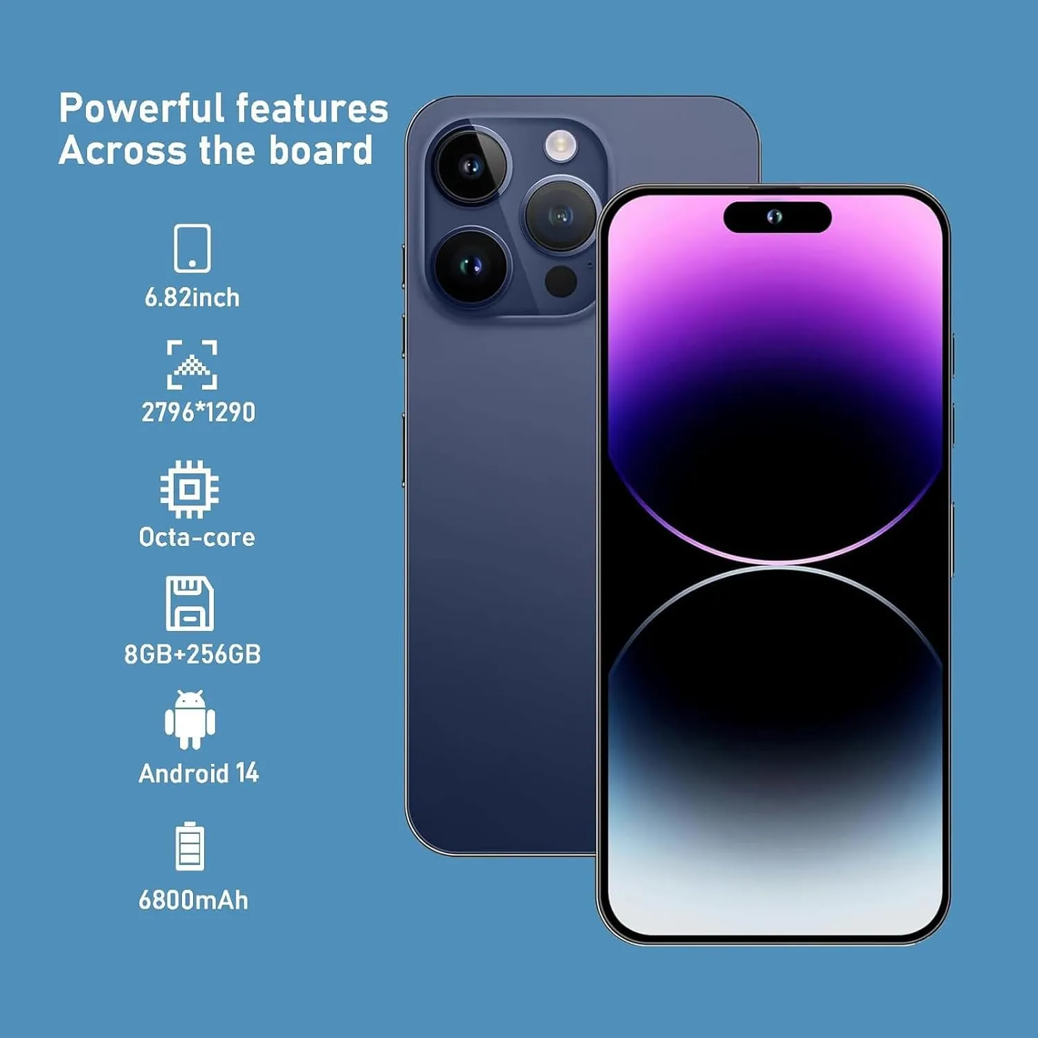 A15 Pro Max Cell Phones,Android 14.0 Unlocked Phone,8 256GB Smartphone,Support Dual SIM Dual Standby Face Recognition 6800mAh Ultra Long Life Battery-Blue
