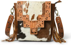 ADYAN Western Genuine Leather Floral Tooled Fringe Womens Crossbody Bag - Leather Cross Body Western Bag with Leather Strap for Women