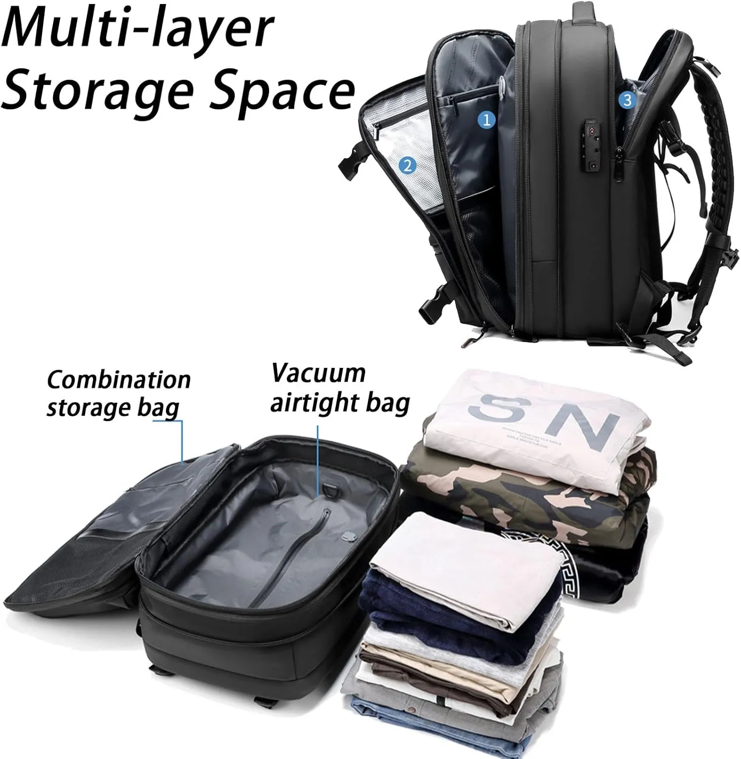 Air Seal Travel Bag With Vacuum, Space Vacuum Backpack, Coded Lock Expandable Anti Theft Backpac (Gray)