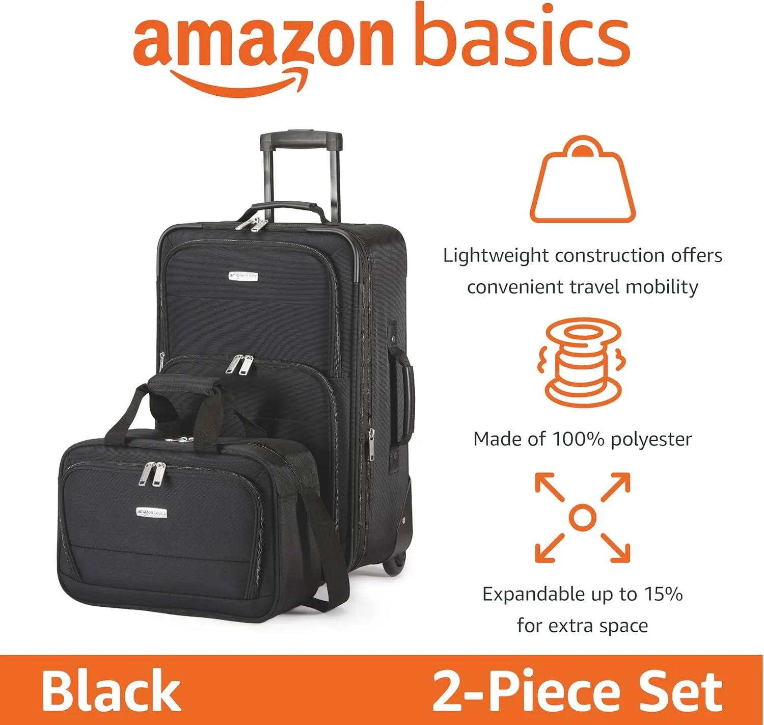 Amazon Basics Luggage Sets, Carry-On 23-Inch, tote 15-Inch, Suitcase With Wheels, Expandable Extra Space ( 15%), Front Pockets and Telescopic Handle, Black