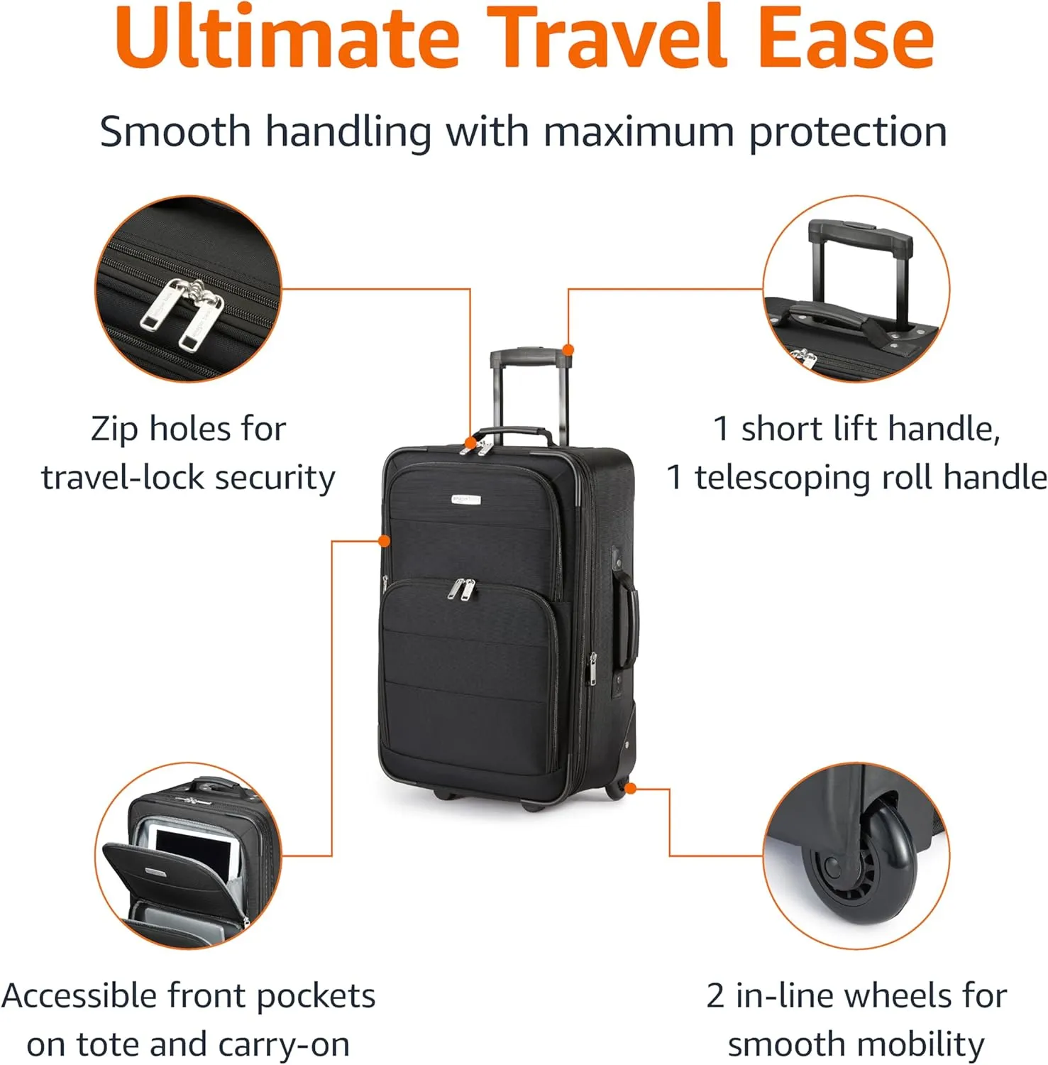 Amazon Basics Luggage Sets, Carry-On 23-Inch, tote 15-Inch, Suitcase With Wheels, Expandable Extra Space ( 15%), Front Pockets and Telescopic Handle, Black