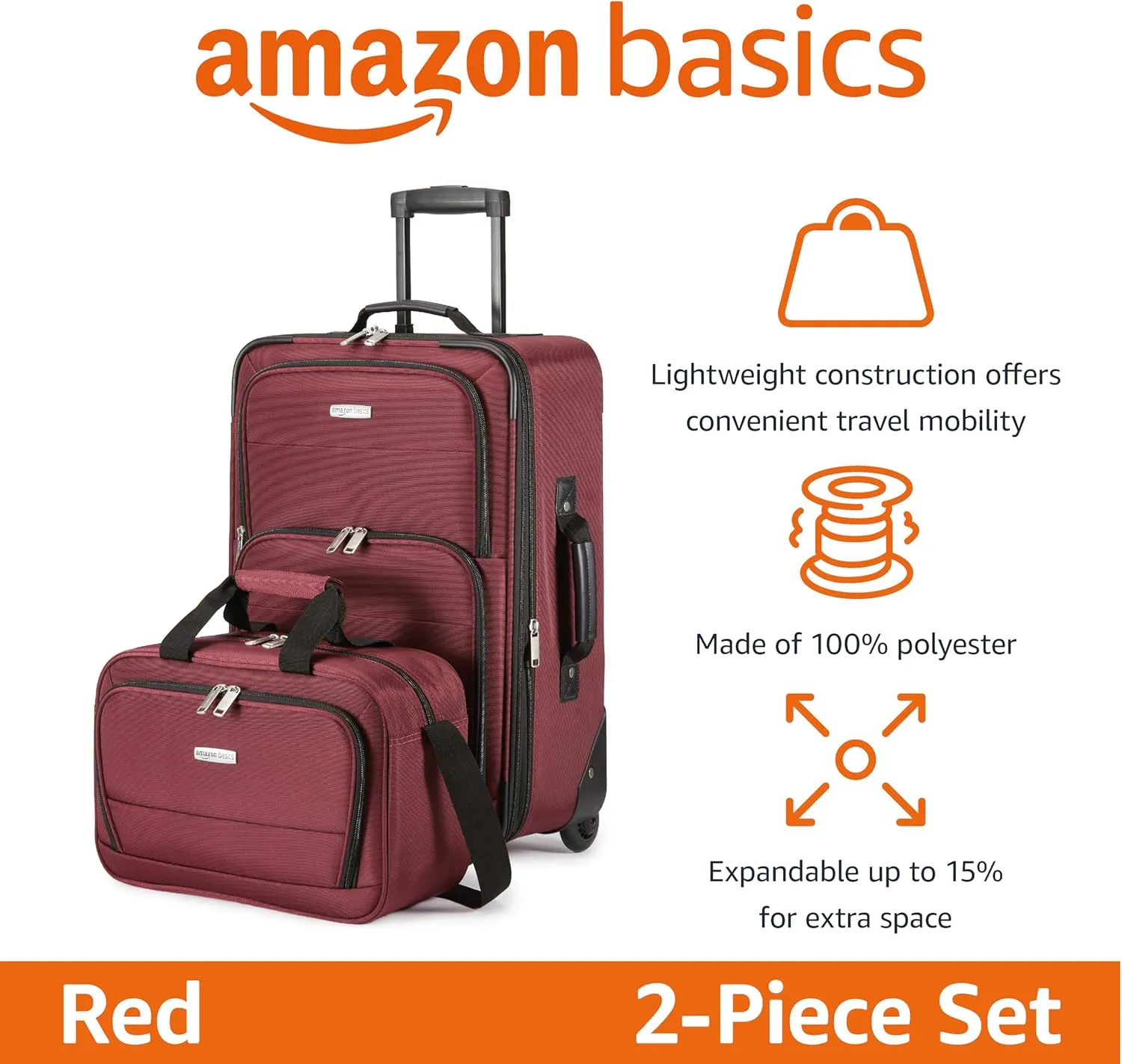 Amazon Basics Luggage Sets, Carry-On 23-Inch, tote 15-Inch, Suitcase With Wheels, Expandable Extra Space ( 15%), Front Pockets and Telescopic Handle, Burgundy