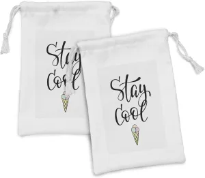 Ambesonne Stay Cool Fabric Pouch Set of 2, Ice Cream Waffle Cornet with Hand Writing Stay Cool Text, Small Drawstring Bag for Toiletries Masks and Favors, 9" x 6", Pale Grey Charcoal Grey