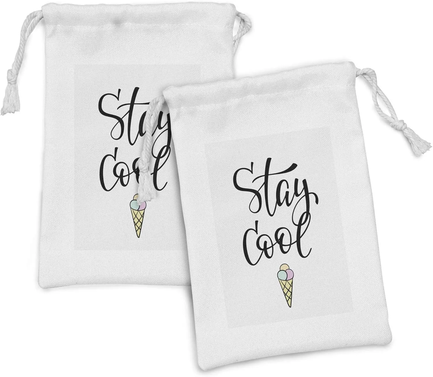 Ambesonne Stay Cool Fabric Pouch Set of 2, Ice Cream Waffle Cornet with Hand Writing Stay Cool Text, Small Drawstring Bag for Toiletries Masks and Favors, 9" x 6", Pale Grey Charcoal Grey
