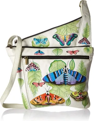 Anna by Anuschka Handpainted Women's Genuine Leather Asymmetric Slim Crossbody Bag with Zippered Pockets and Adjustable Strap