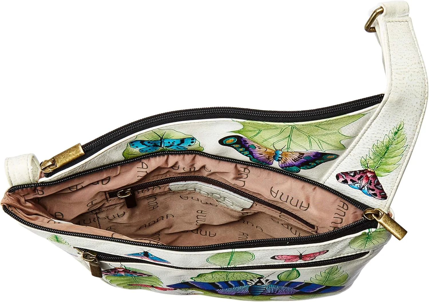 Anna by Anuschka Handpainted Women's Genuine Leather Asymmetric Slim Crossbody Bag with Zippered Pockets and Adjustable Strap