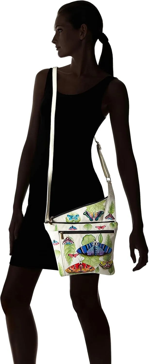 Anna by Anuschka Handpainted Women's Genuine Leather Asymmetric Slim Crossbody Bag with Zippered Pockets and Adjustable Strap
