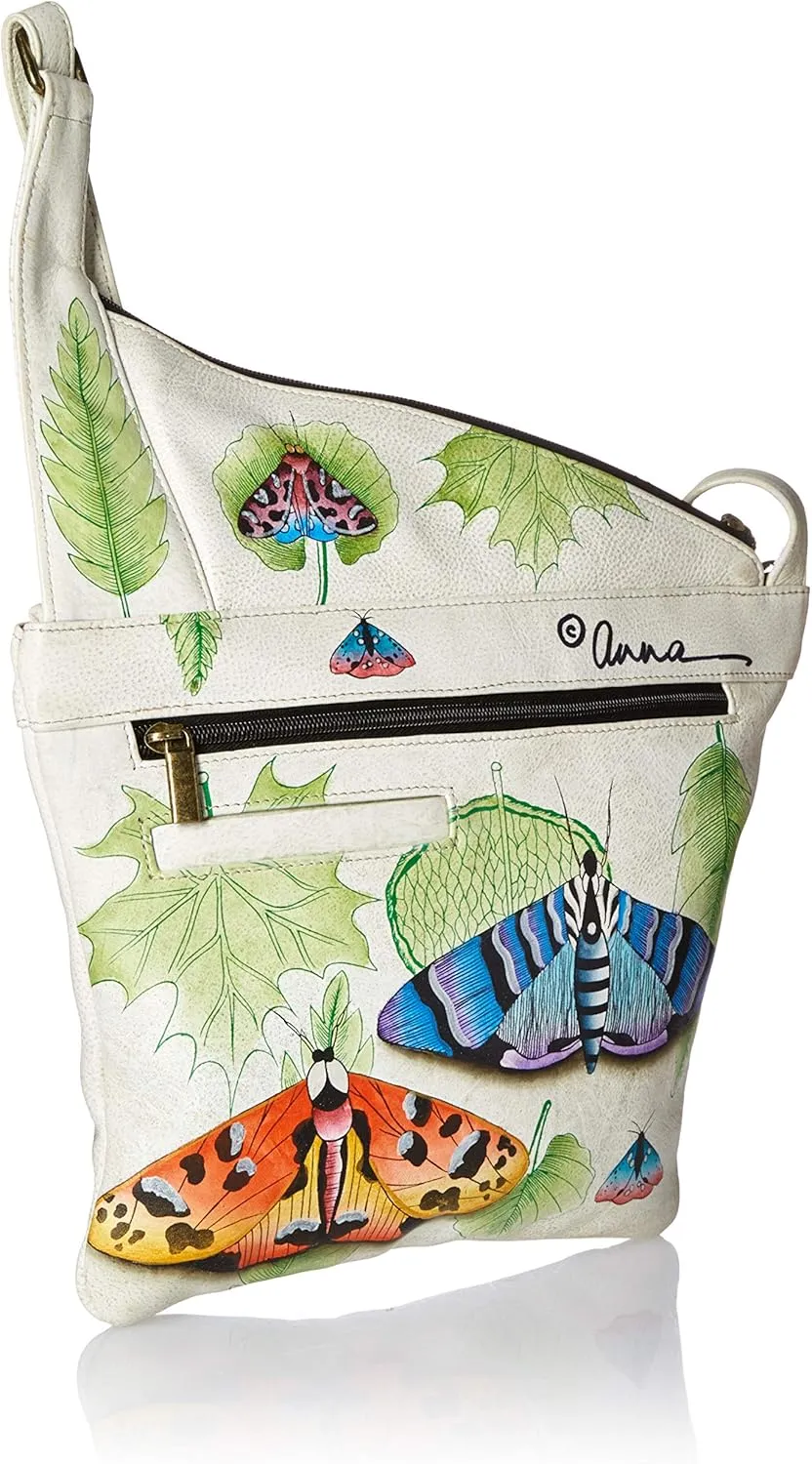 Anna by Anuschka Handpainted Women's Genuine Leather Asymmetric Slim Crossbody Bag with Zippered Pockets and Adjustable Strap