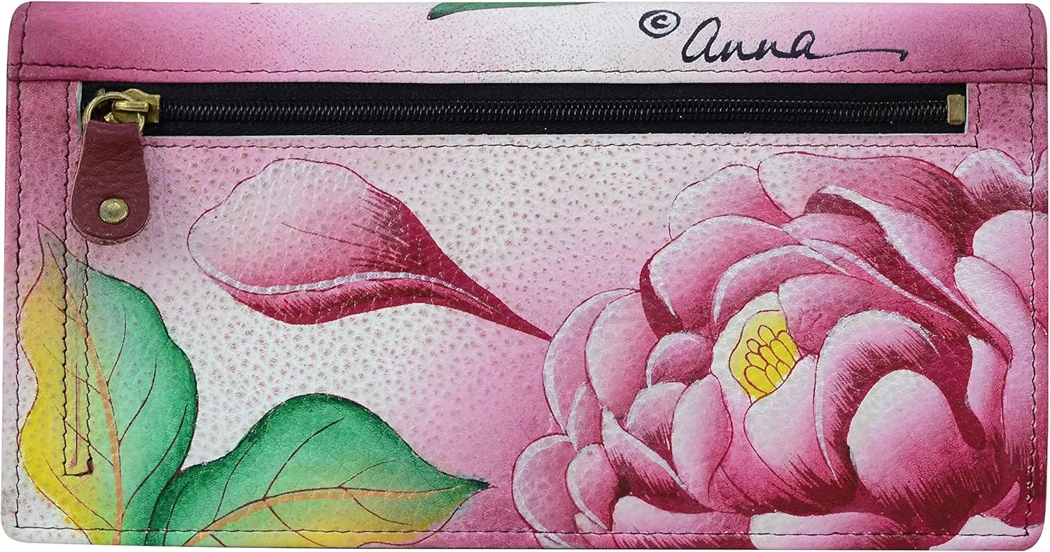 Anna by Anuschka Women's Hand Painted Leather Clutch Wallet-Precious Peony Eggplant