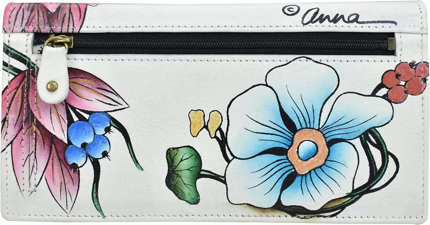 Anna by Anuschka Women's Hand Painted Leather Clutch Wallet-Precious Peony Eggplant