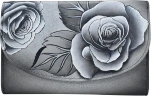 Anna by Anuschka Women's Ladies Tri Geniune Leather Hand Painted Large Three Fold Checkbook Clutch Wallet-Romantic Rose Black