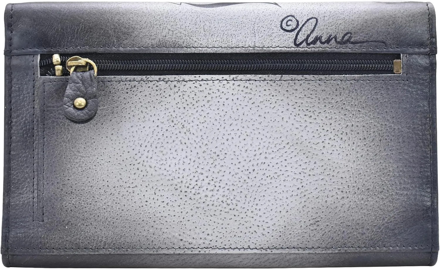Anna by Anuschka Women's Ladies Tri Geniune Leather Hand Painted Large Three Fold Checkbook Clutch Wallet-Romantic Rose Black
