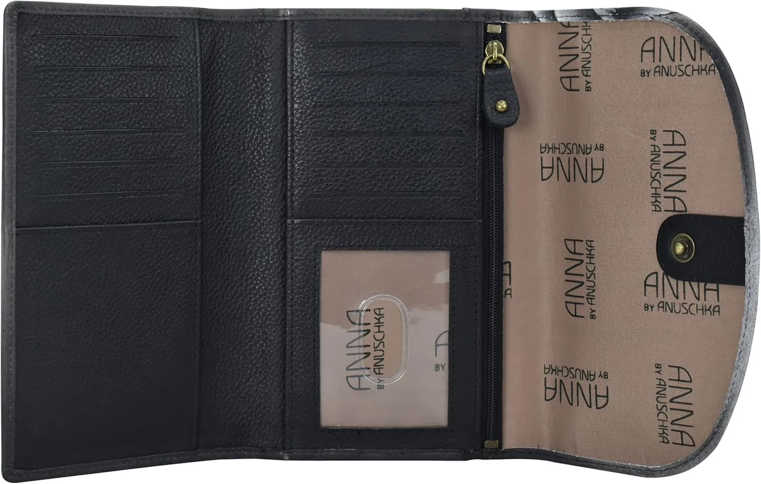 Anna by Anuschka Women's Ladies Tri Geniune Leather Hand Painted Large Three Fold Checkbook Clutch Wallet-Romantic Rose Black