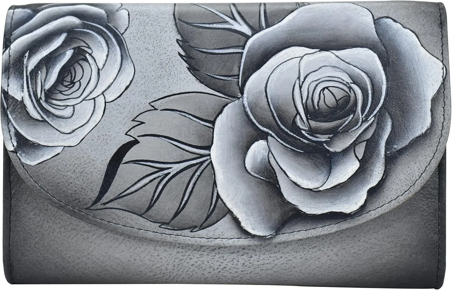 Anna by Anuschka Women's Ladies Tri Geniune Leather Hand Painted Large Three Fold Checkbook Clutch Wallet-Romantic Rose Black