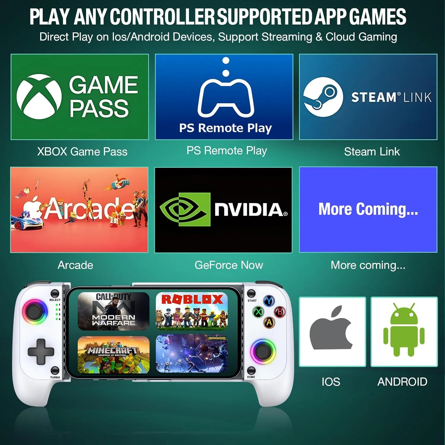 【Anti-Drift & Case-Friendly】Full-Size Game Controller for iPhone/Android Phone Tablet | Hall Joysticks Bluetooth Phone Controller with Lighting, for Cloud Gaming, Genshin Impact, PUBG, Roblox, Call of Duty Mobile Gamers
