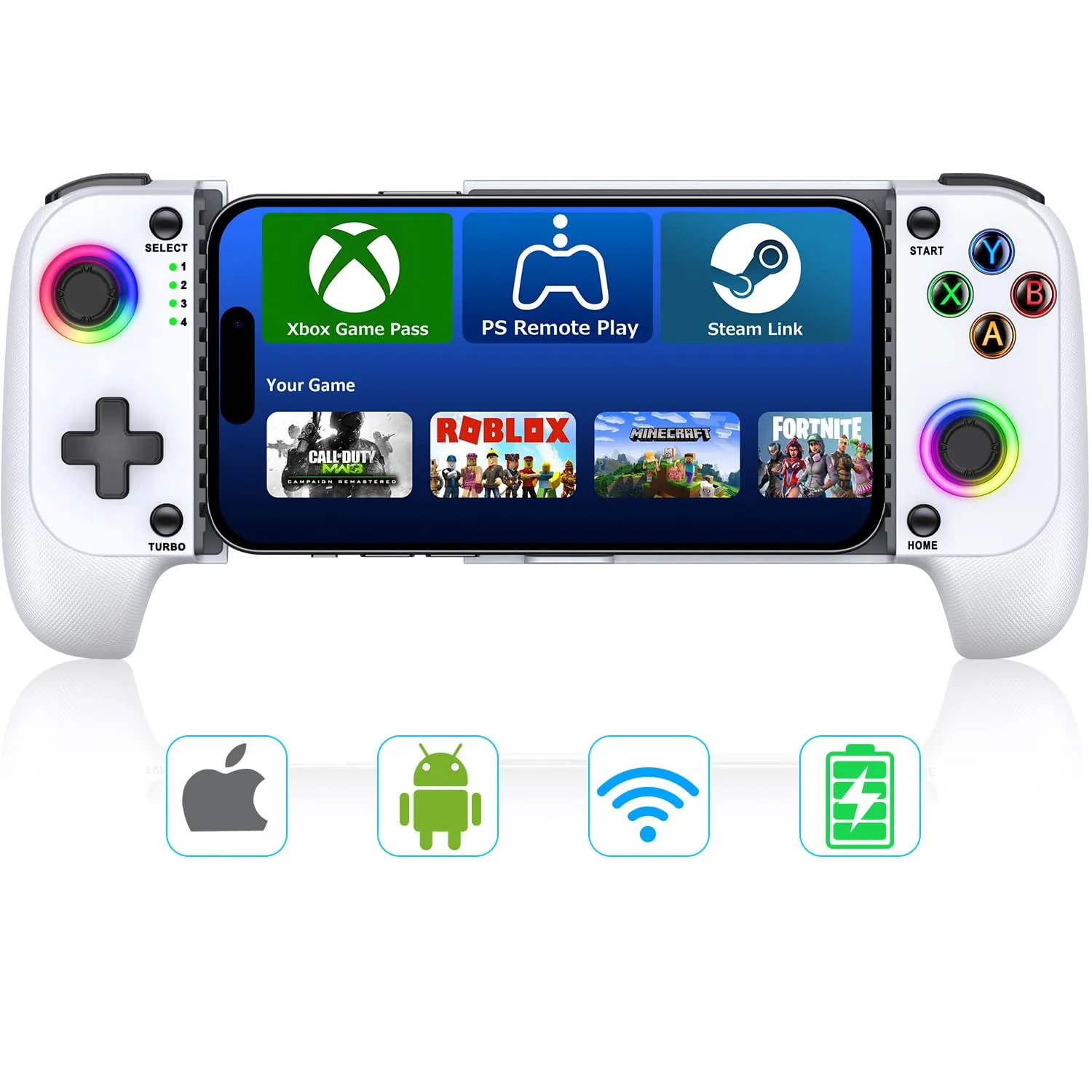 【Anti-Drift & Case-Friendly】Full-Size Game Controller for iPhone/Android Phone Tablet | Hall Joysticks Bluetooth Phone Controller with Lighting, for Cloud Gaming, Genshin Impact, PUBG, Roblox, Call of Duty Mobile Gamers