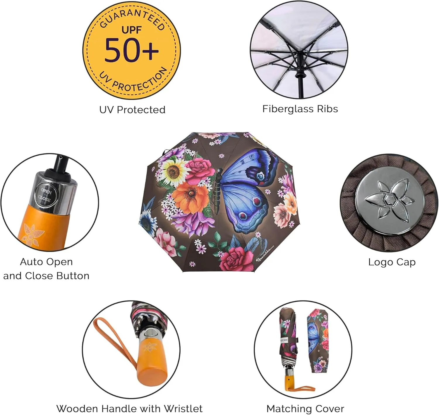 Anuschka Umbrella AUTO Open/Close - UPF 50  - 38” Waterproof Windproof Canopy - Fits in Handbag - Windproof Flexible Fiberglass