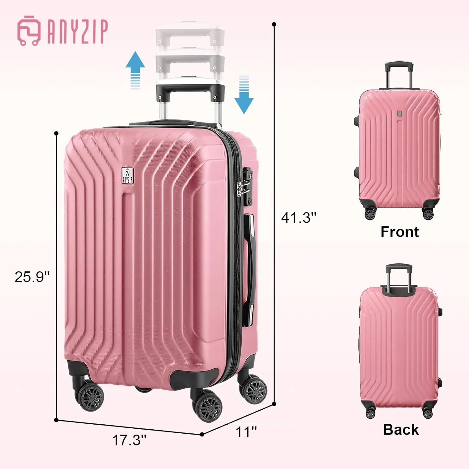 AnyZip Expandable Luggage, 24 Inch Hard Shell Checked Suitcase, Rolling Lightweight Travel Suitcases with Wheels TSA Lock (Pink)