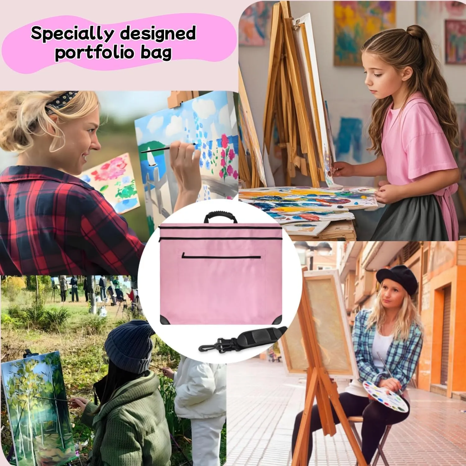 Aphse 19 * 23 Art Portfolio Bag, Art Portfolio Case with Nylon Shoulder, Light Weight Waterproof Poster Board Storage Bag, Portfolio Folder for Artwork(Pink, 19 inches x 23 inches)