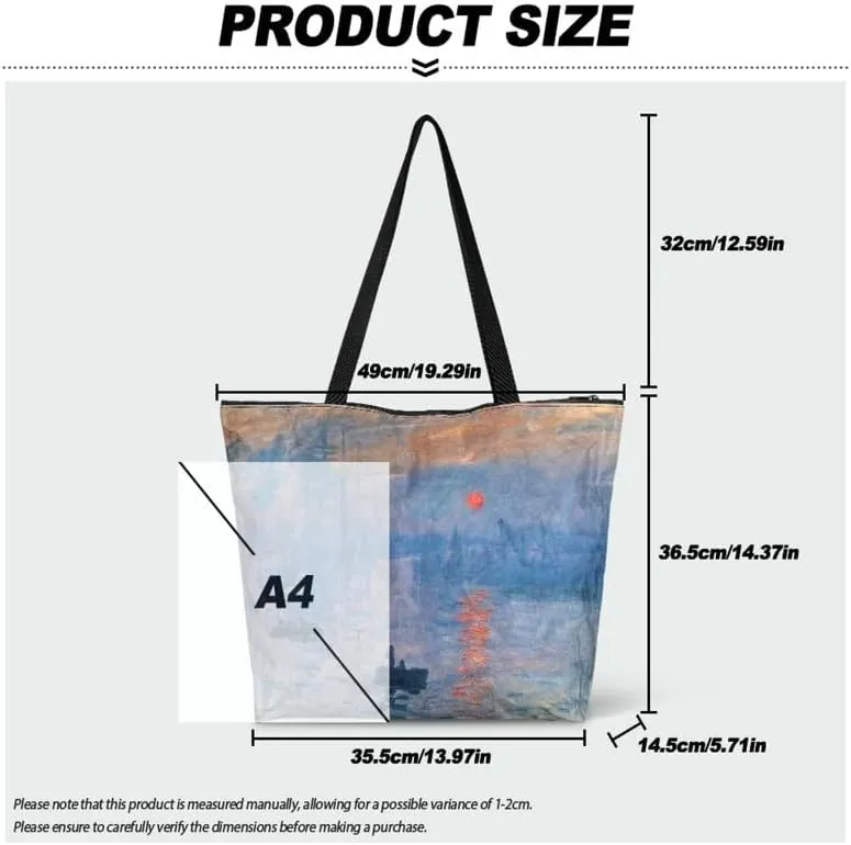 Art Lover Zippered Tote Bag Waterproof Large Work Tote Bags, Van Gogh Artwork Women's Purse Handbags Travel Totes