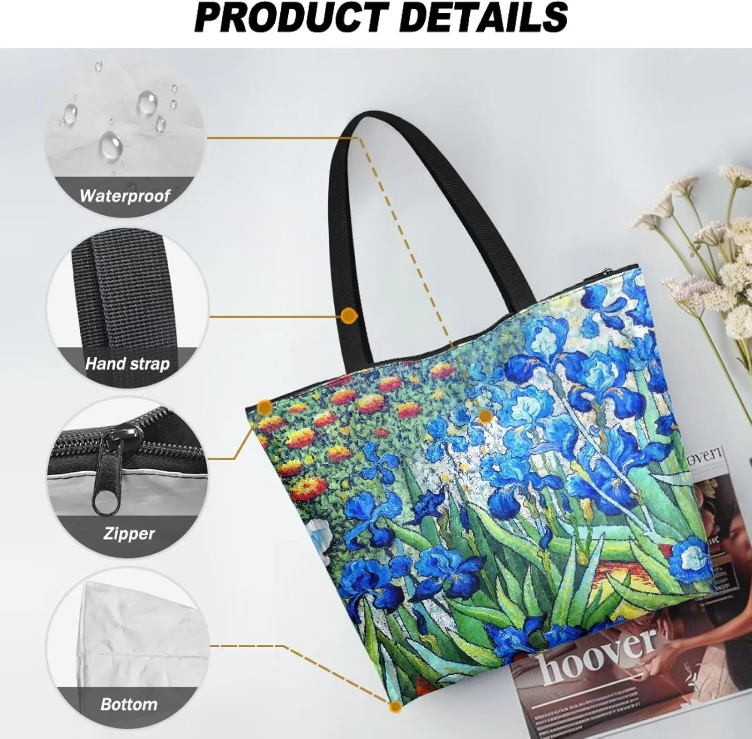 Art Lover Zippered Tote Bag Waterproof Large Work Tote Bags, Van Gogh Artwork Women's Purse Handbags Travel Totes