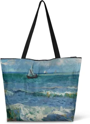 Art Lover Zippered Tote Bag Waterproof Large Work Tote Bags, Van Gogh Artwork Women's Purse Handbags Travel Totes