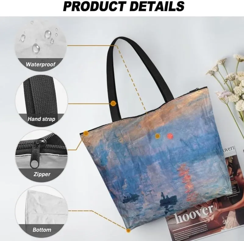 Art Lover Zippered Tote Bag Waterproof Large Work Tote Bags, Van Gogh Artwork Women's Purse Handbags Travel Totes