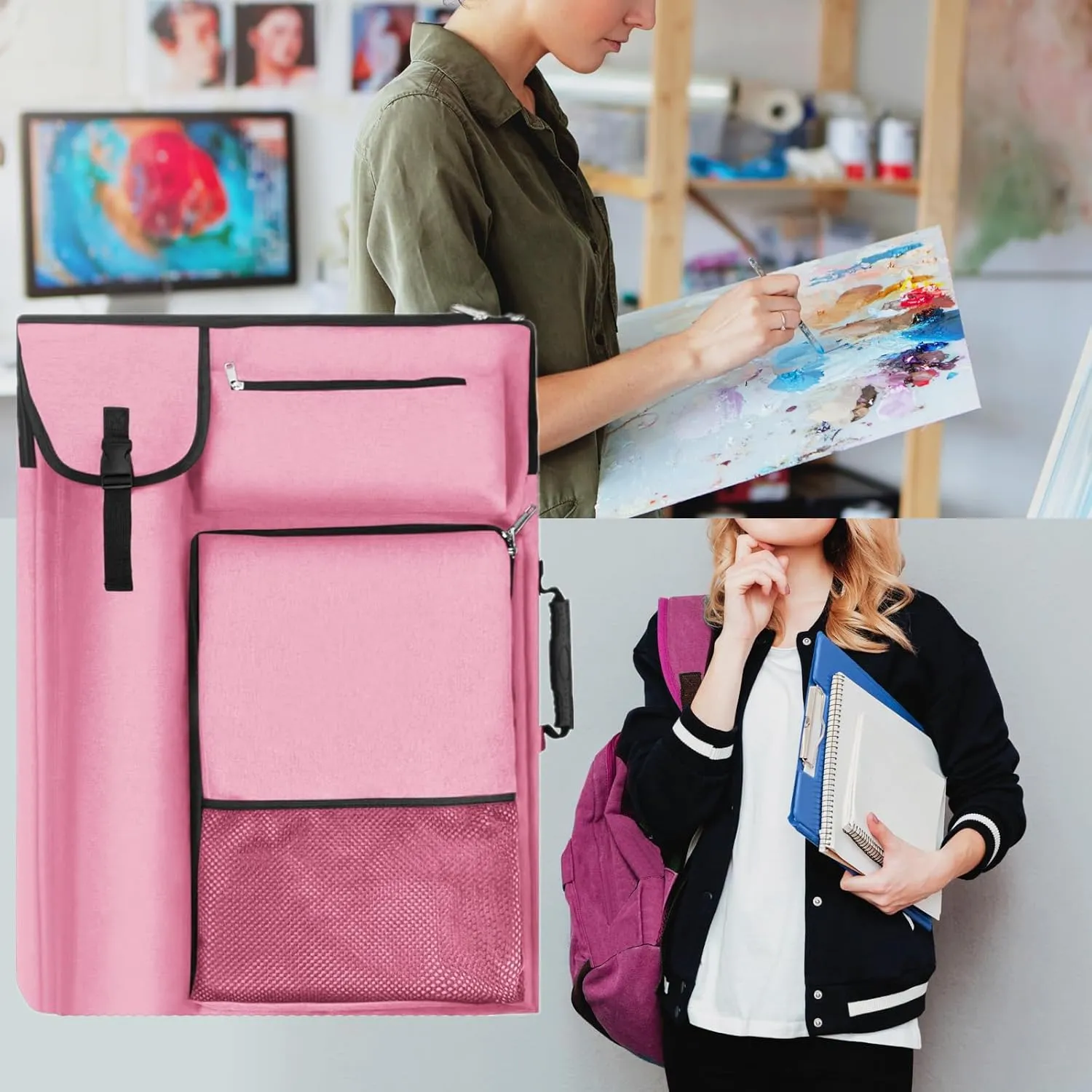 Art Portfolio Case 18 X 24,art Portfolio With Backpack & Tote Bag For Artwork,medium Art Case Size Bright Pink(Neon Pink).