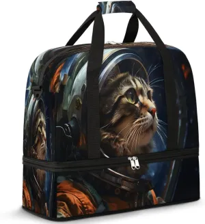 Astronaut Kitty Travel Duffel Bag, Travel Essentials, Gym Bag for Women, Weekender Overnight Bag With Shoes Compartment, Carry On Bags for Airplanes