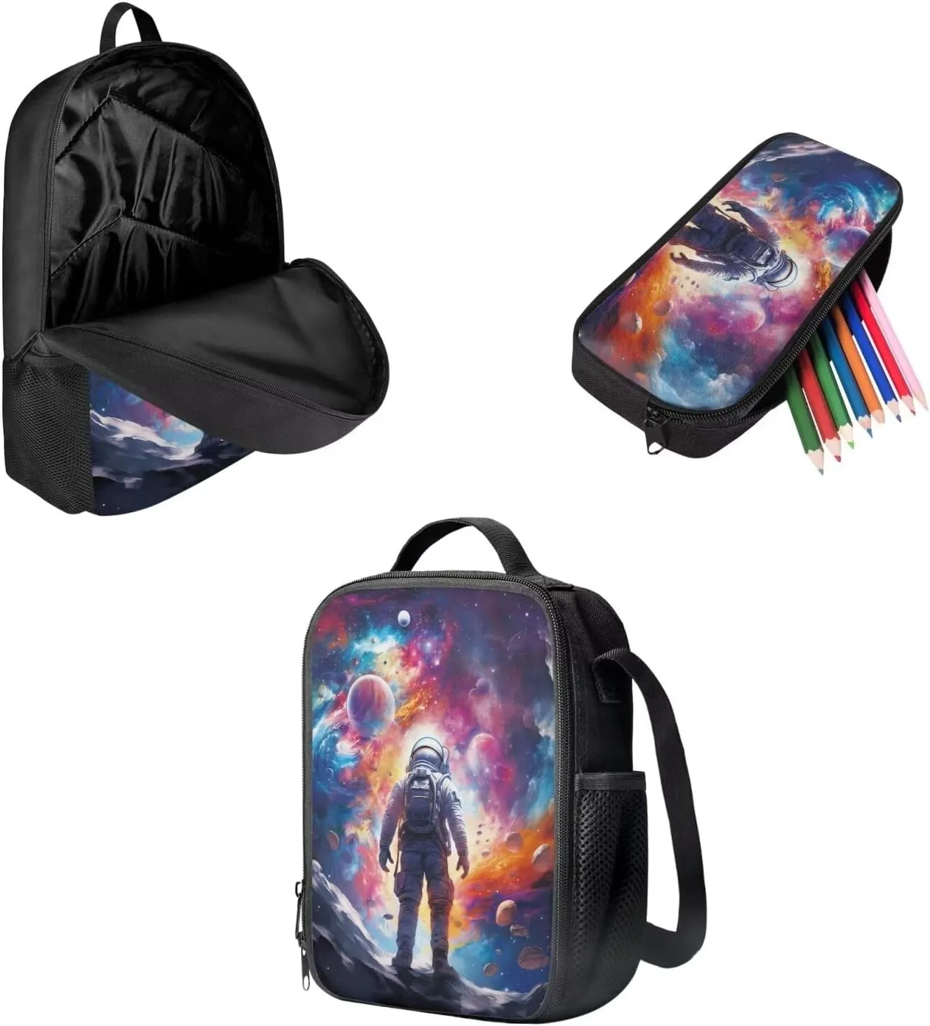 Astronaut-space Backpack Set with Shoulder Bag and Pencil Case for Boys-Girls Elementary Middle School Bookbag Backpack for Girls Boys Kids Lightweight Hard-wearing Back Pack Colorful