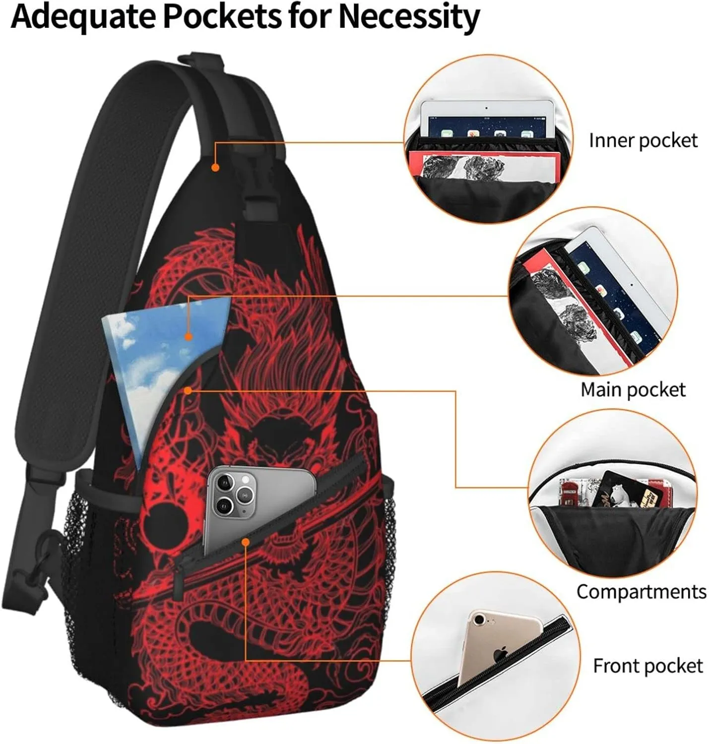 ASYG Dragon Pattern Sling Bag Crossbody Chest Daypack Casual Backpack Cool Shoulder Bag For Travel Hiking Sport Gym