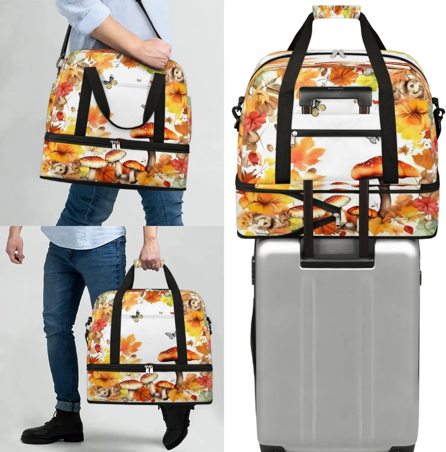 Autumn Mushroom Butterfly Sports Gym Bag with Shoes Compartment Foldable Travel Duffel Bag Dry Wet Separated Sports Tote Workout Weekender Overnight Bag for Women Yoga Dance Work Training Handbag