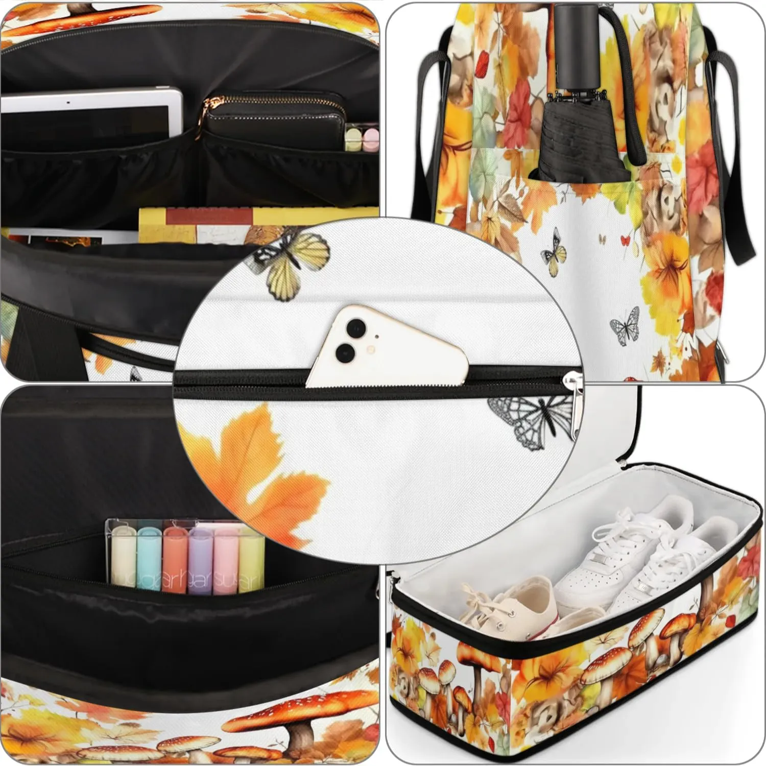 Autumn Mushroom Butterfly Sports Gym Bag with Shoes Compartment Foldable Travel Duffel Bag Dry Wet Separated Sports Tote Workout Weekender Overnight Bag for Women Yoga Dance Work Training Handbag