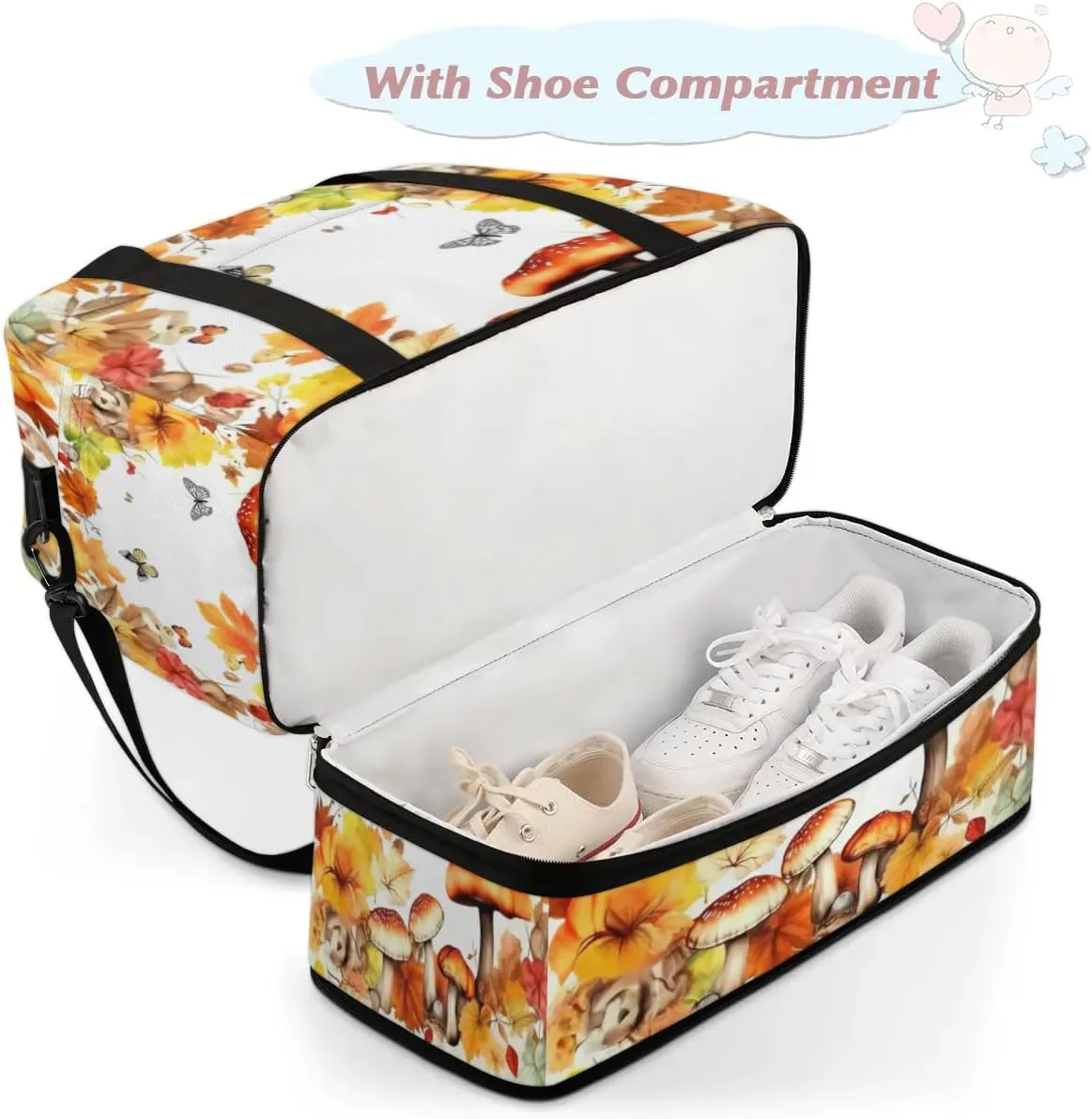 Autumn Mushroom Butterfly Sports Gym Bag with Shoes Compartment Foldable Travel Duffel Bag Dry Wet Separated Sports Tote Workout Weekender Overnight Bag for Women Yoga Dance Work Training Handbag