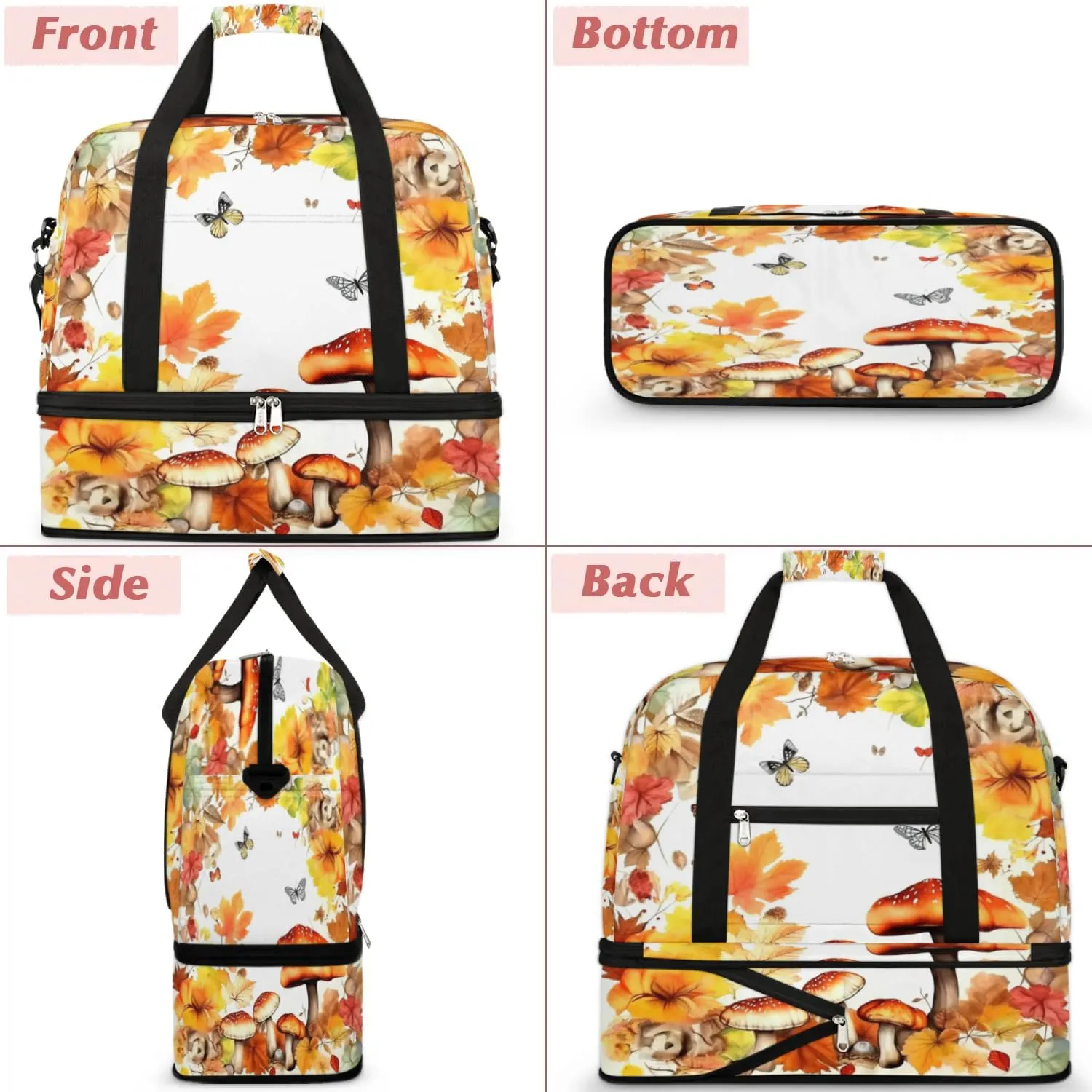 Autumn Mushroom Butterfly Sports Gym Bag with Shoes Compartment Foldable Travel Duffel Bag Dry Wet Separated Sports Tote Workout Weekender Overnight Bag for Women Yoga Dance Work Training Handbag