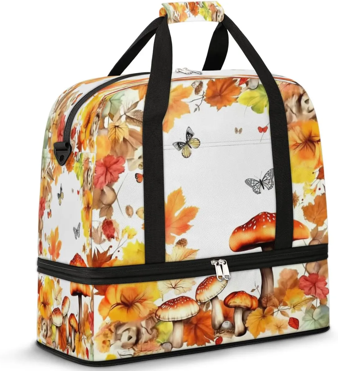 Autumn Mushroom Butterfly Sports Gym Bag with Shoes Compartment Foldable Travel Duffel Bag Dry Wet Separated Sports Tote Workout Weekender Overnight Bag for Women Yoga Dance Work Training Handbag