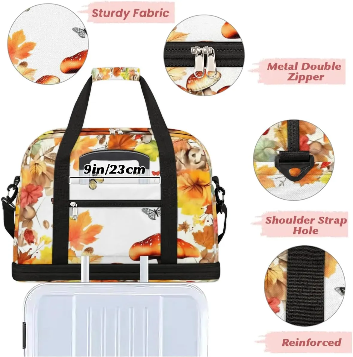 Autumn Mushroom Butterfly Sports Gym Bag with Shoes Compartment Foldable Travel Duffel Bag Dry Wet Separated Sports Tote Workout Weekender Overnight Bag for Women Yoga Dance Work Training Handbag