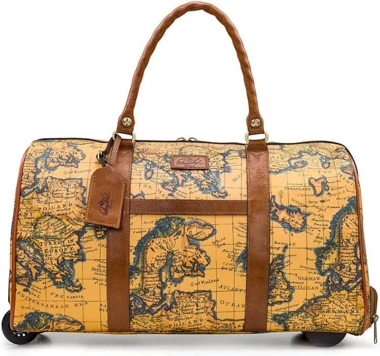 Avola Wheeled Duffel Bag - Patina Coated Linen Canvas European Map Print
