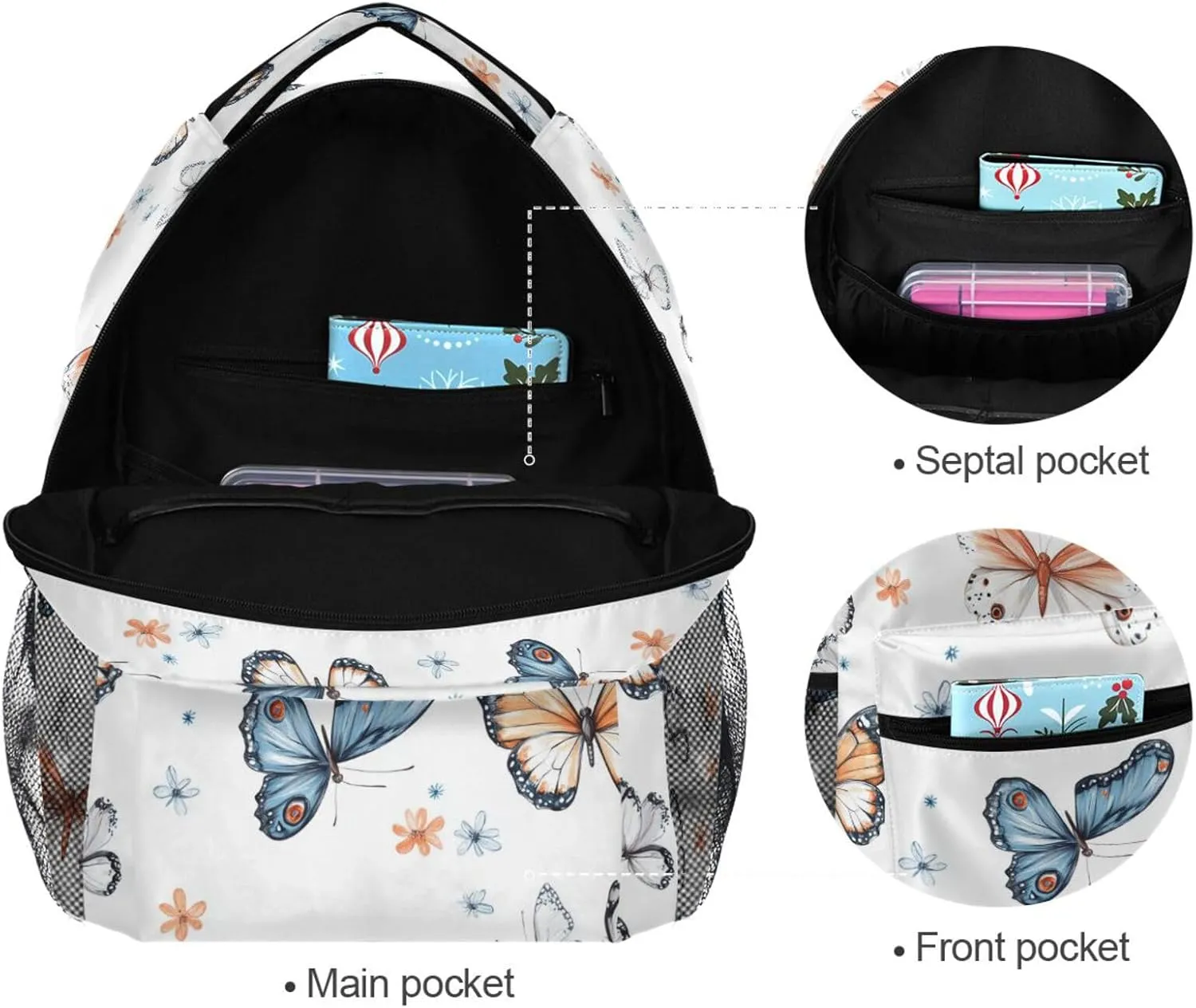 Backpack for Men Women Waterproof Business Work Bag with Chest Strap for College Work Cartoon Funny Butterfly White