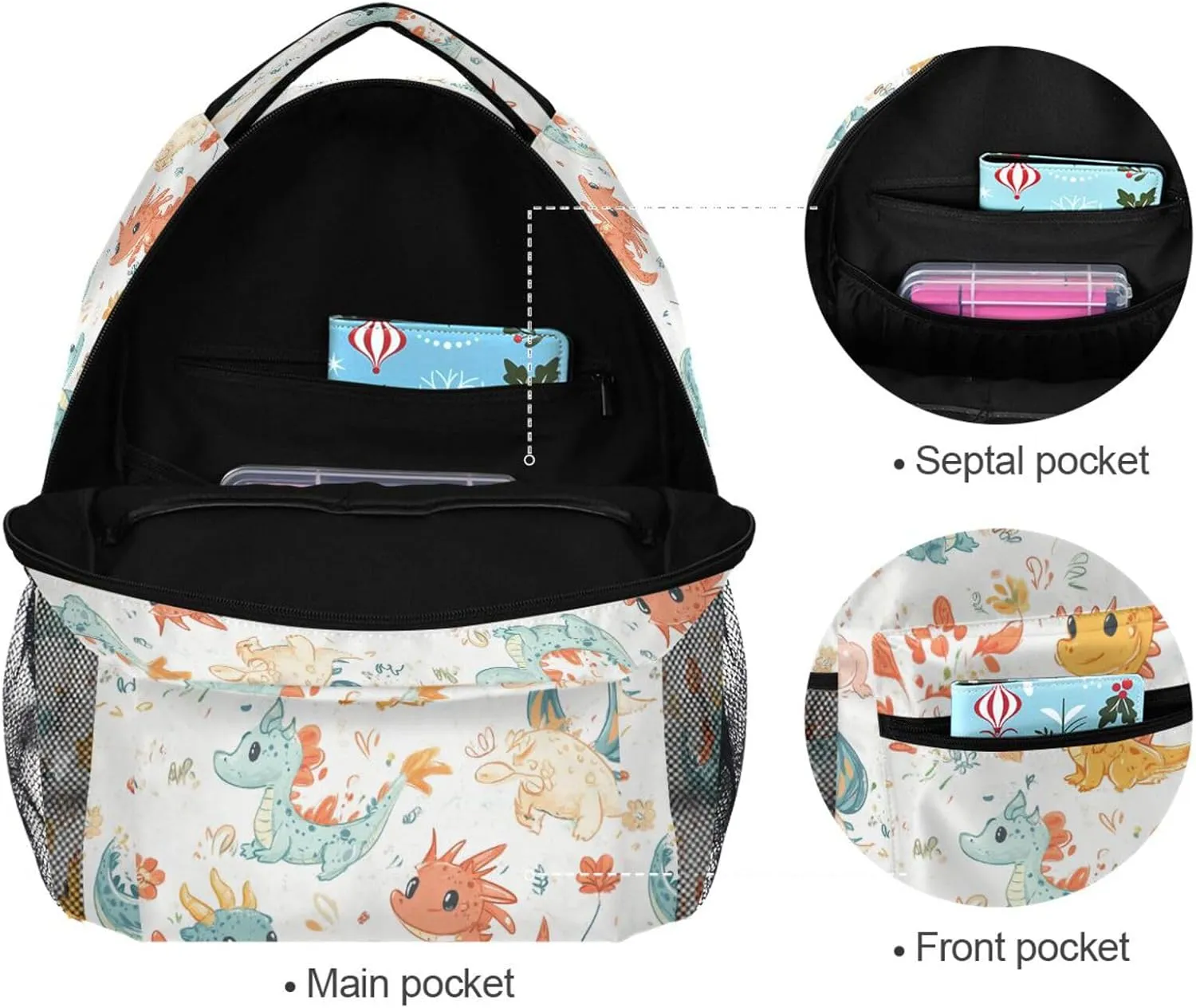 Backpack for Teacher Nurse Waterproof Outdoor Backpack with Chest Strap for College Work Cartoon Cute Dragon White