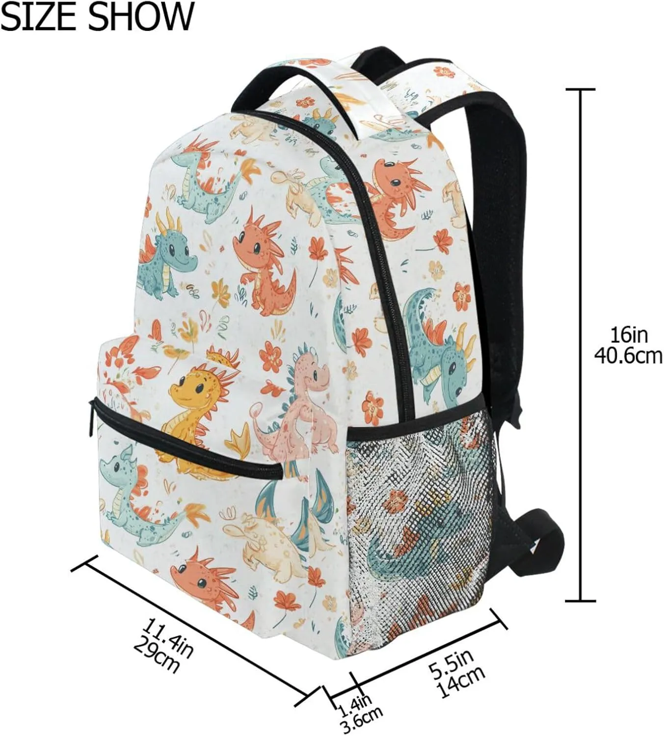 Backpack for Teacher Nurse Waterproof Outdoor Backpack with Chest Strap for College Work Cartoon Cute Dragon White