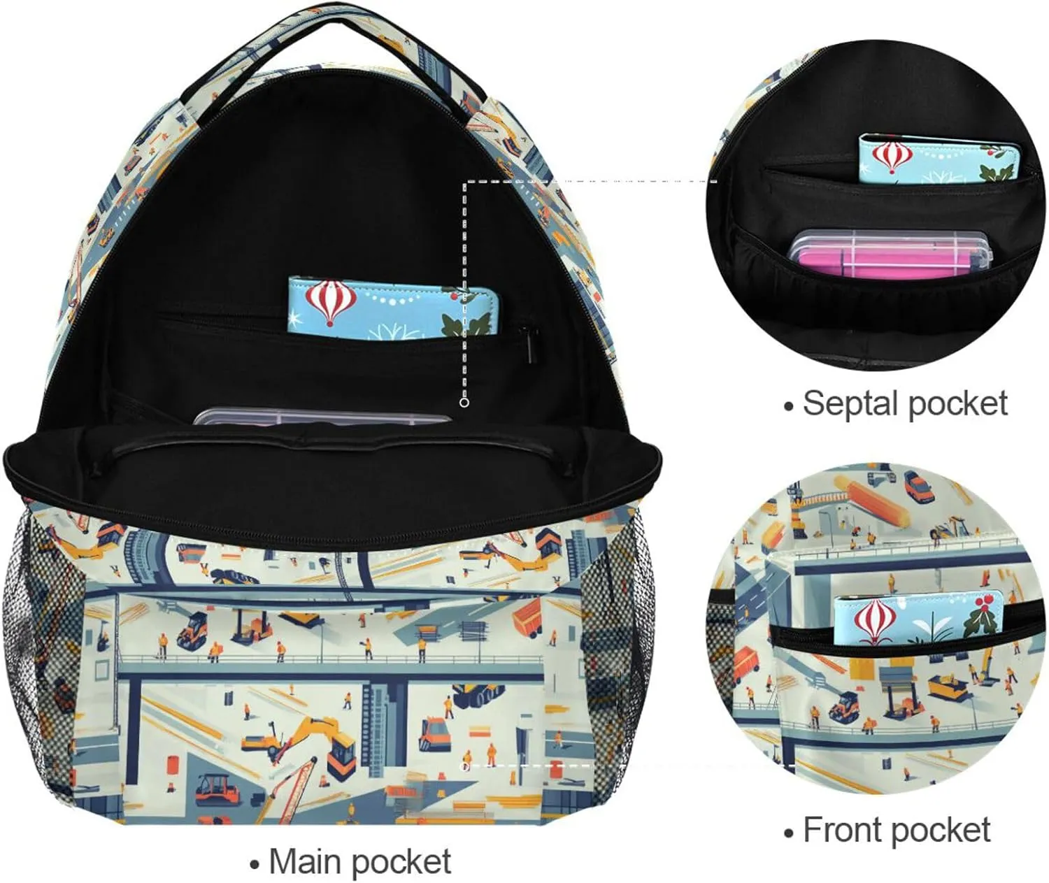 Backpack for Teacher Nurse Waterproof Stylish Travel Bags with Chest Strap for College Work Construction Scene Concrete Mixer Truck