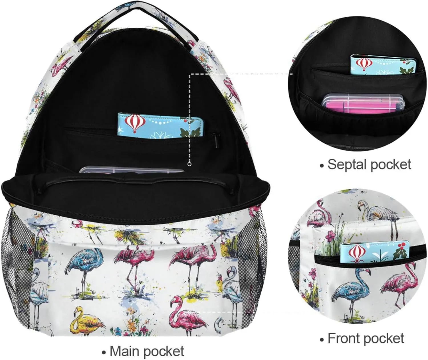 Backpack for Unisex Adult Fashion Diaper Bag Backpack with Chest Strap for Business Work College Travel Trip Cartoon Sweet Flamingo White