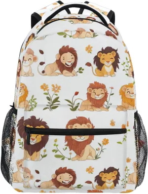 Backpack for Women Men Waterproof Laptop Bookbag with Chest Strap for Travel Trip Cartoon Cute Lion White
