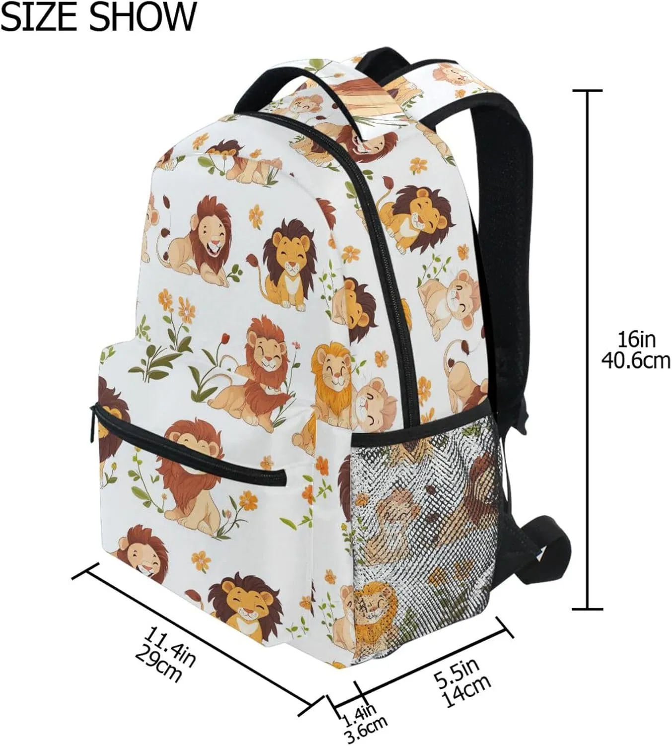 Backpack for Women Men Waterproof Laptop Bookbag with Chest Strap for Travel Trip Cartoon Cute Lion White
