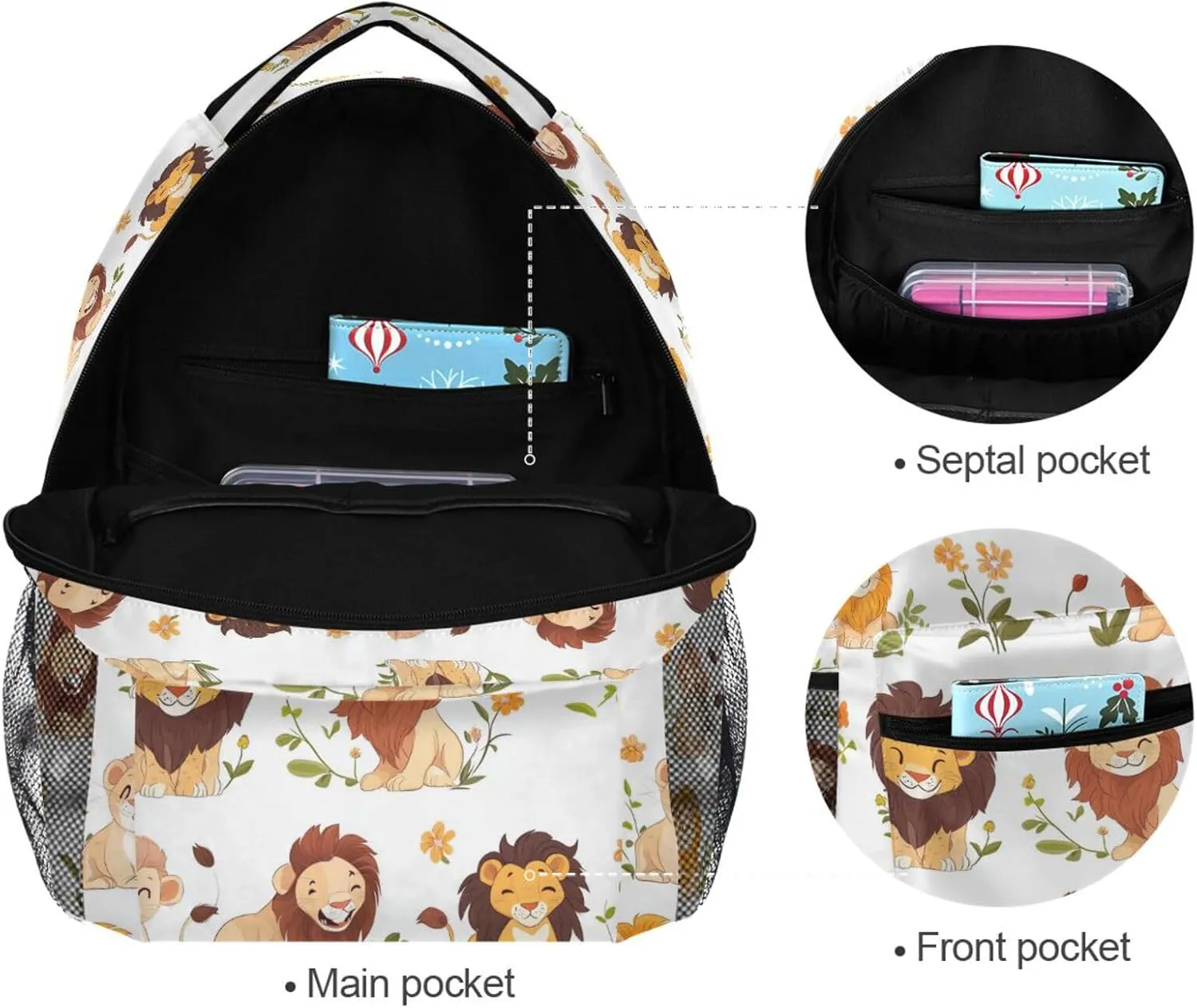 Backpack for Women Men Waterproof Laptop Bookbag with Chest Strap for Travel Trip Cartoon Cute Lion White