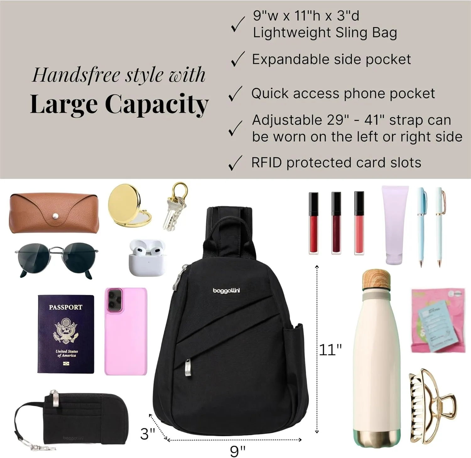 Baggallini Medium Sling Backpack 9"x11" - Lightweight Sling Bag with Convertible Adjustable Shoulder Strap