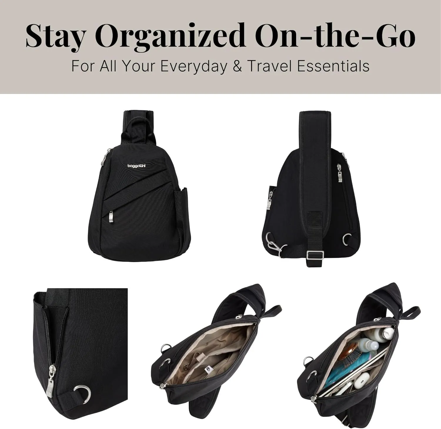 Baggallini Medium Sling Backpack 9"x11" - Lightweight Sling Bag with Convertible Adjustable Shoulder Strap