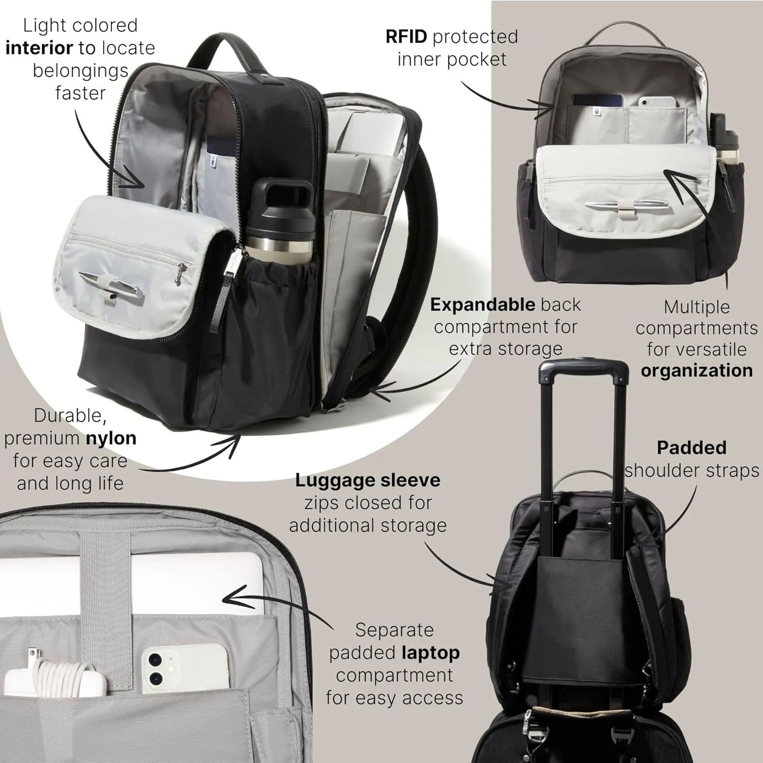 Baggallini Women's Tribeca Expandable Laptop Backpack, Black