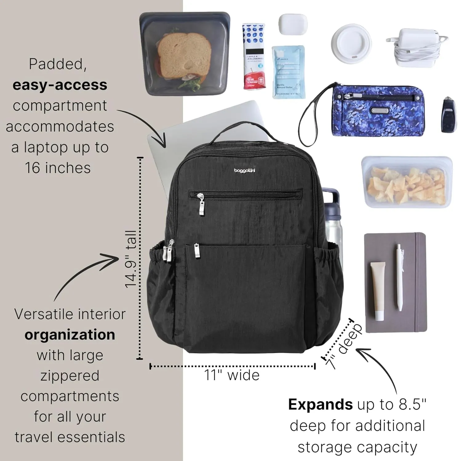 Baggallini Women's Tribeca Expandable Laptop Backpack, Black